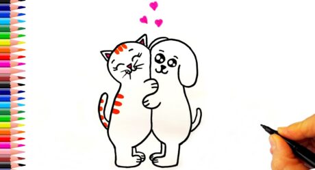 Birbirine Sarılmış Kedi ve Köpek Çizimi – Kolay Çizimler – Kedi Çizimleri – Köpek Çizimleri