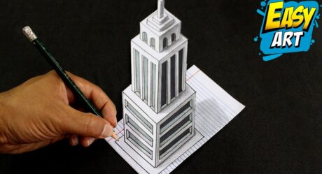 🔴🔵 Drawing 3D Skyscraper building on Line Paper – Como Dibujar un edificio en 3D – Easy Art