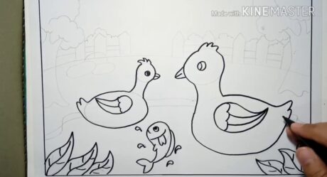 Menggambar Bebek berenang di kolam dengan cara mudah